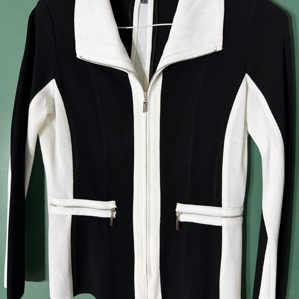 Ming Wang Womens XS Color Block Zip Up Jacket Black White Contemporary